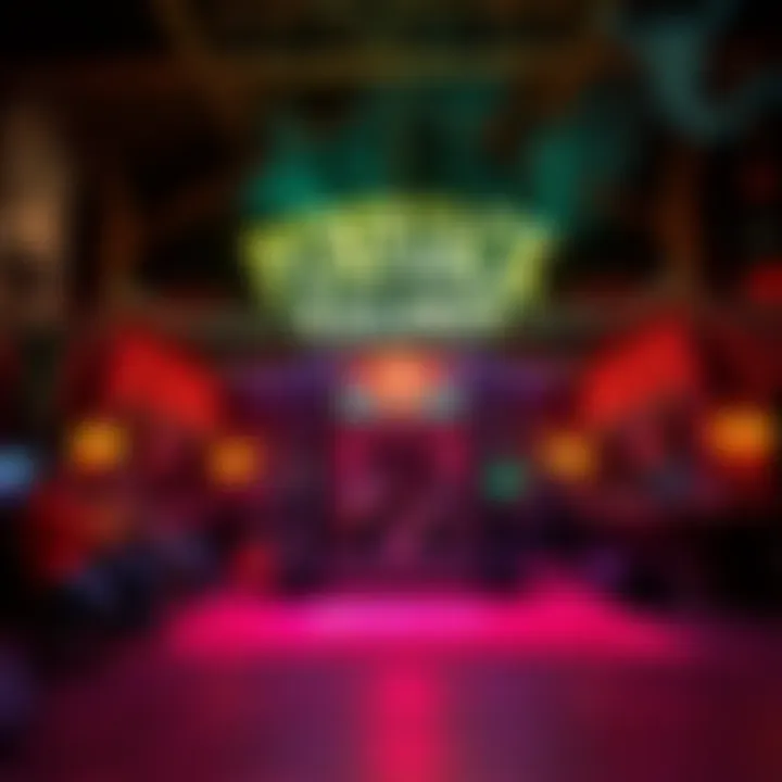 A lively bar scene at PumpJack Saloon featuring a stage with musicians and ghostly decorations