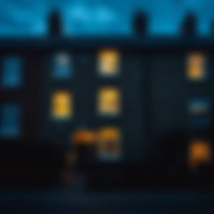 A spooky terraced house with dim lights, surrounded by shadows, depicting unsettling energy in a quiet neighborhood