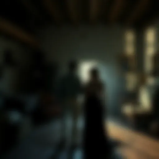 A couple stands in a dimly lit room of their homestead, surrounded by old belongings that hint at a past life. Shadows fall across the walls, creating an eerie atmosphere.