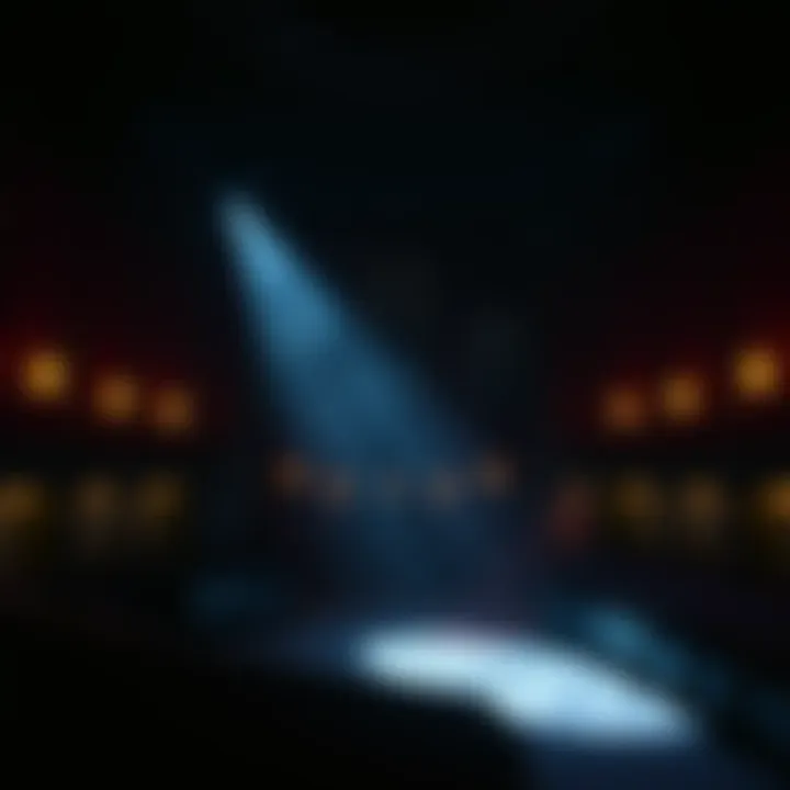 A dimly lit haunted theater with shadows and an eerie atmosphere, capturing the moment of a supernatural experience.