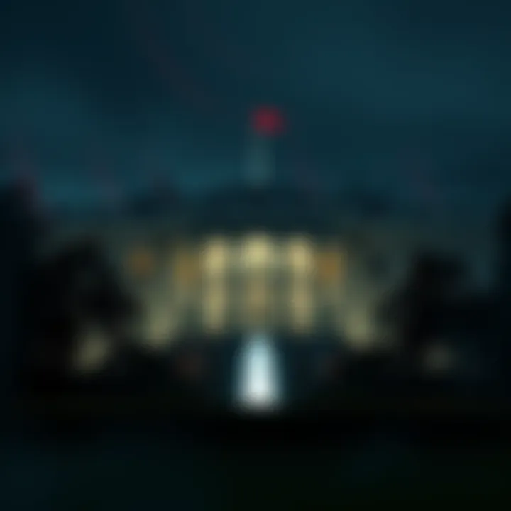 An eerie image of the White House at night with shadows and a ghostly figure resembling Lincoln