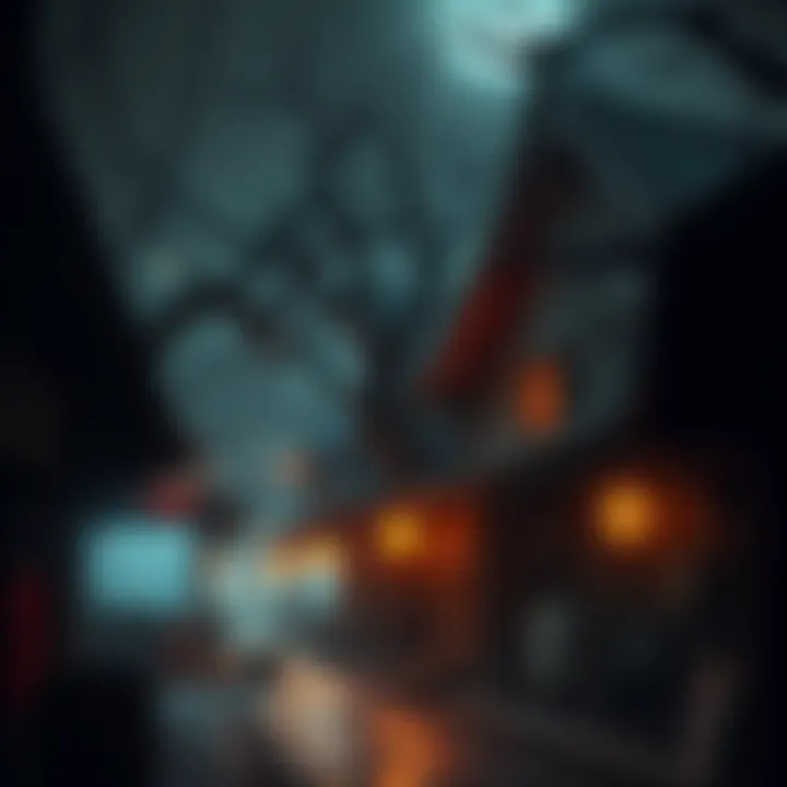 A dimly lit scene of Wooden Shanty Town with eerie wooden shanties and twisted trees, conveying a haunted atmosphere