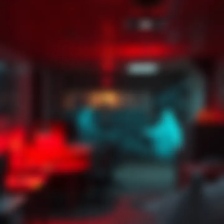 A dimly lit office with ghostly figures and eerie shadows, showing a glimpse of a spooky workplace environment