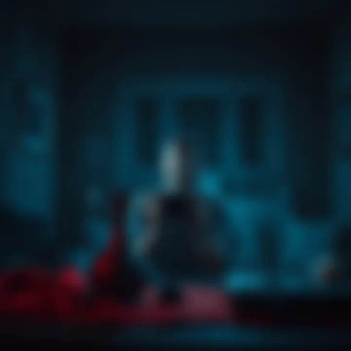 A YouTuber looks scared while filming in a dark room filled with eerie shadows and an old artifact on a table