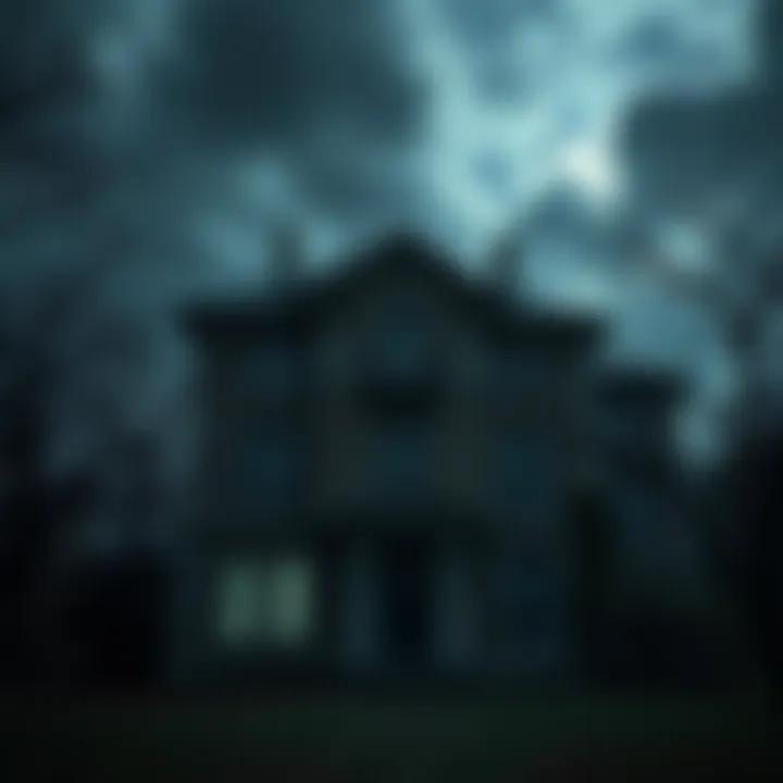 An old mansion with dark windows and a spooky atmosphere, surrounded by trees and a cloudy sky. A faint silhouette of a woman appears in a window.