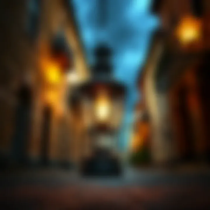A vintage lantern flickers on a cobblestone street at night, surrounded by ancient buildings that echo with eerie tales.