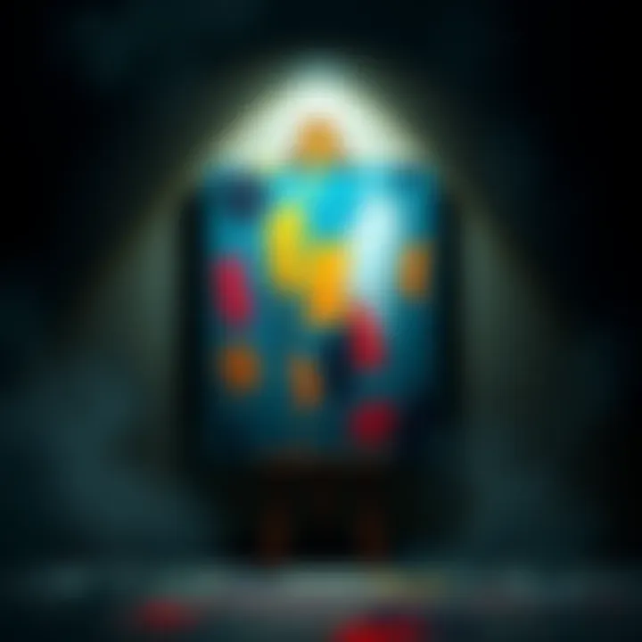 A deeply evocative painting surrounded by shadows and flickering light, symbolizing the duality of creativity and trauma.