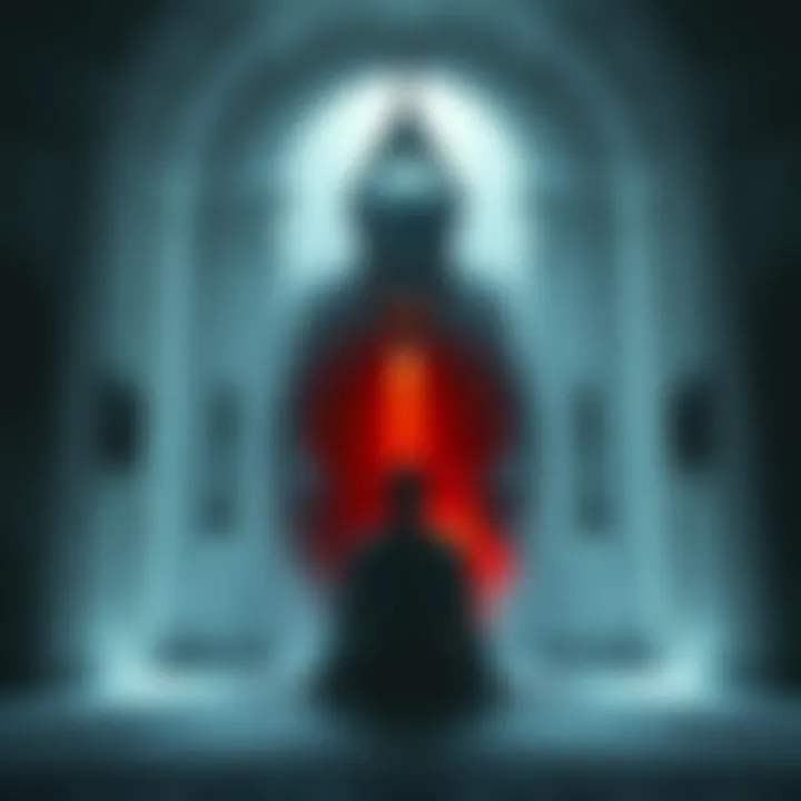 A dreamer in a white room resembling a church, confronted by an evil face that consumes souls. The atmosphere is filled with dread, while a spirit of a grandmother offers comfort.