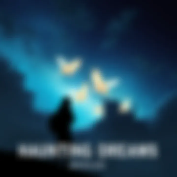 Haunting Dreams Unveiled A mystical night sky with a silhouette of a person contemplating surrounded by ethereal imagery and shadows symbolizing past life connections.