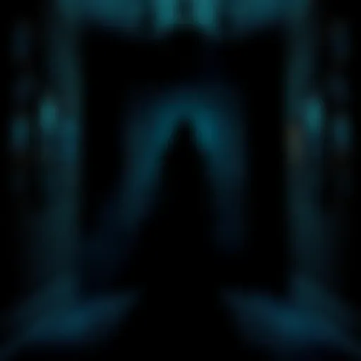 A shadowy figure stands in a dimly lit room, creating an eerie atmosphere. The walls are adorned with old photographs that add to the unsettling vibe.