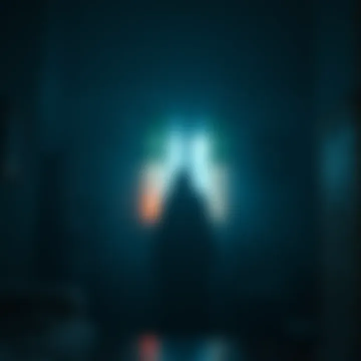 A shadowy figure appears in a dark home environment, hinting at a haunting presence that has suddenly stopped, evoking curiosity and nostalgia.