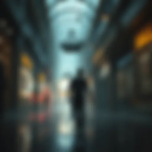 A person walks through a dark, eerie mall filled with shadowy figures and unsettling displays, capturing a nightmarish atmosphere.