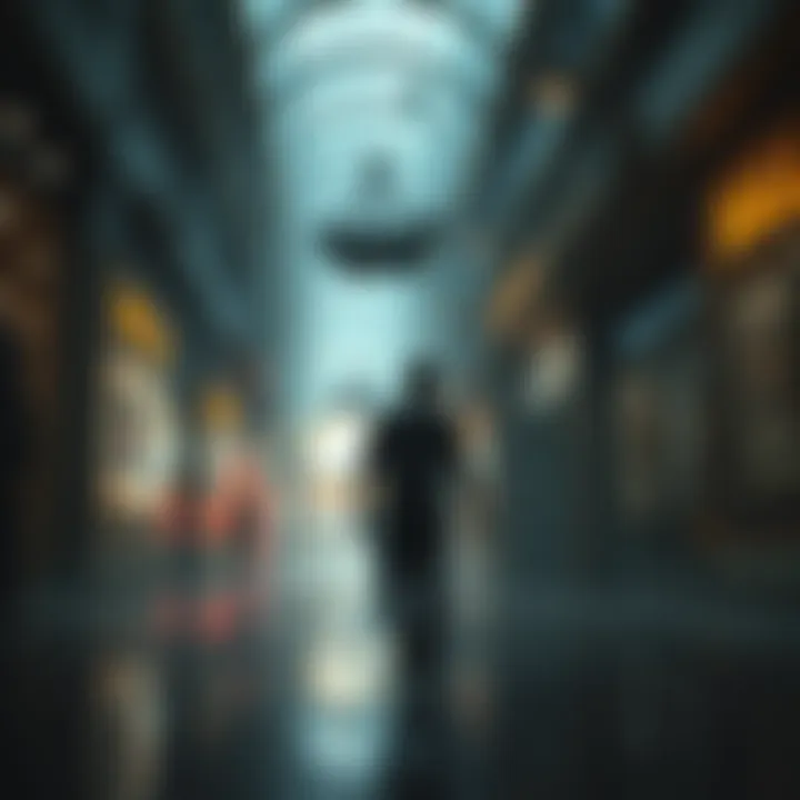 A person walks through a dark, eerie mall filled with shadowy figures and unsettling displays, capturing a nightmarish atmosphere.