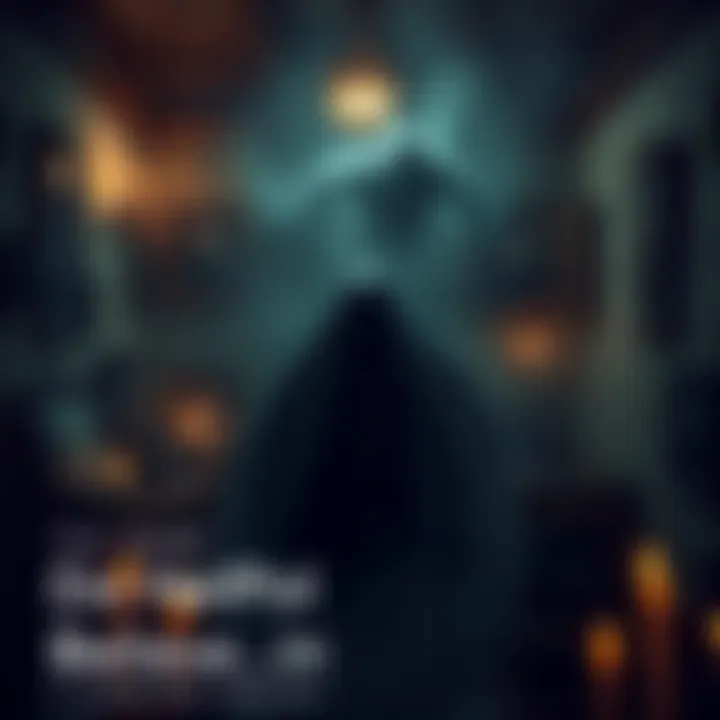 A shadowy figure in a dimly lit room, surrounded by old photographs and flickering candles, suggesting a ghostly presence.