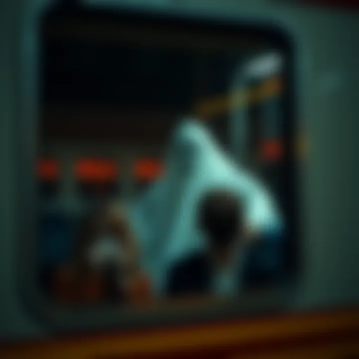 A ghostly figure appears in a train window's reflection as a couple looks on, evoking a haunting atmosphere.