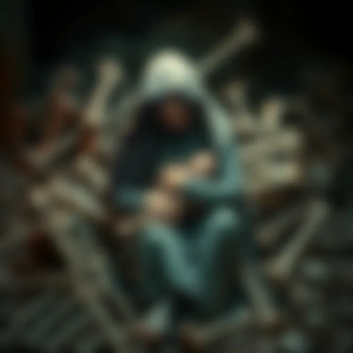 A surreal representation of decay and dread, featuring a mother cradling a disintegrating newborn amidst a backdrop of crumbled bones and dark shadows.