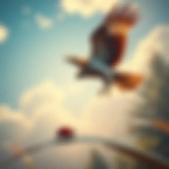 A hawk soaring in the sky with a ladybug on a leaf below, illustrating the connection between meditation and nature.