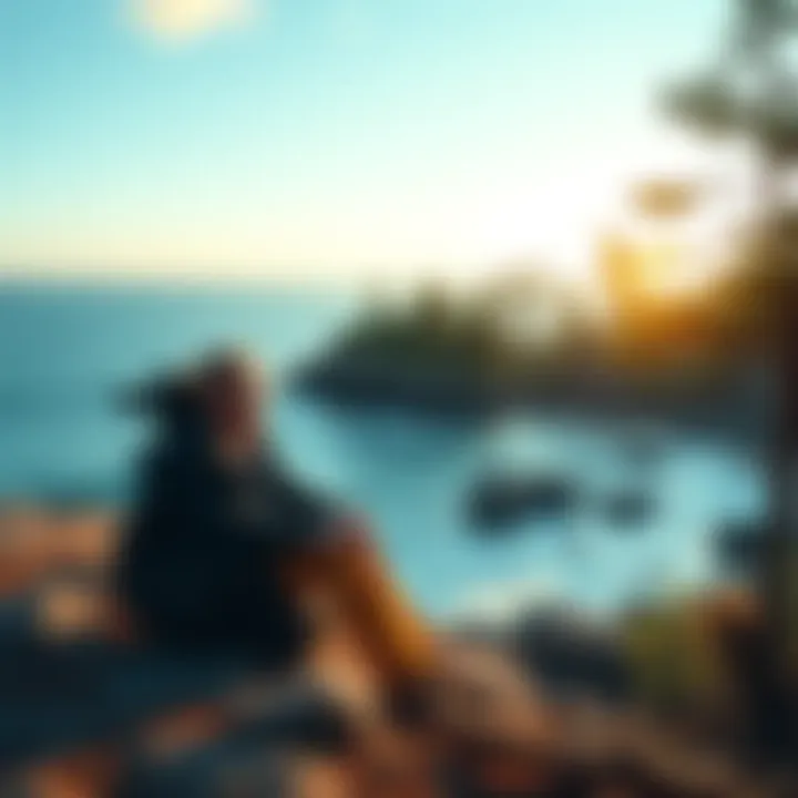 Stephen Hawking sitting near the shore of a remote island, with ocean waves in the background and trees around him.