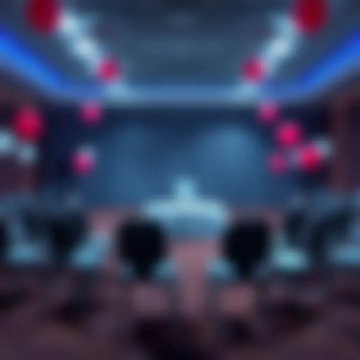 A decorated room with chairs set up for a party, balloons, and an empty space where time travelers are expected to appear