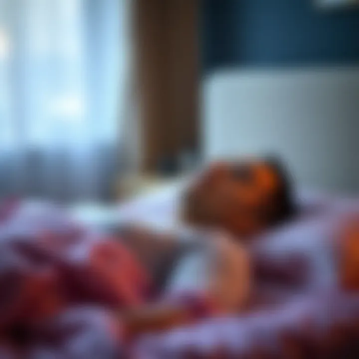 Person practicing head lift technique for OBE Individual lying on a bed, attempting the head lift technique to achieve an out-of-body experience, with a focused expression