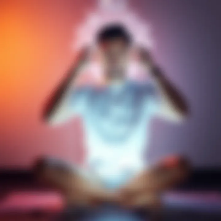 A person sitting cross-legged in a meditation pose, holding their temples as they experience a headache, with a soft glow around them symbolizing astral projection.