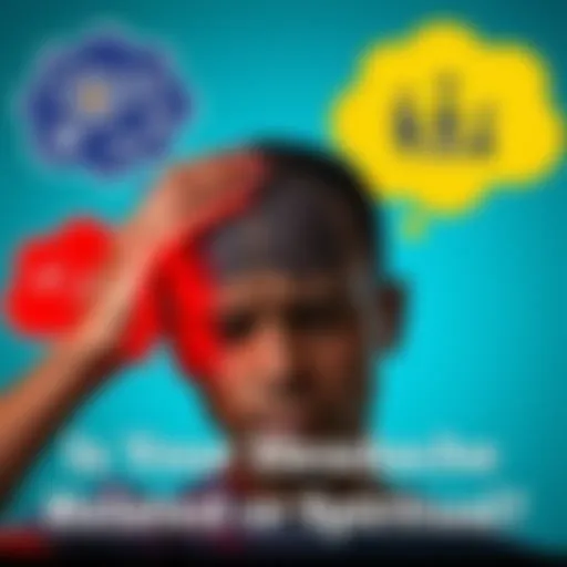 A person holding their head in pain with thought bubbles showing scientific symbols and spiritual icons, representing different causes of headaches.