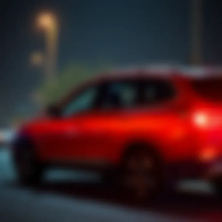 A parked SUV with a shadowy headless figure inside, surrounded by strange lights.