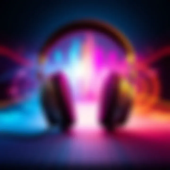 A pair of headphones with colorful sound waves around them, representing subliminal affirmations and audio speed.