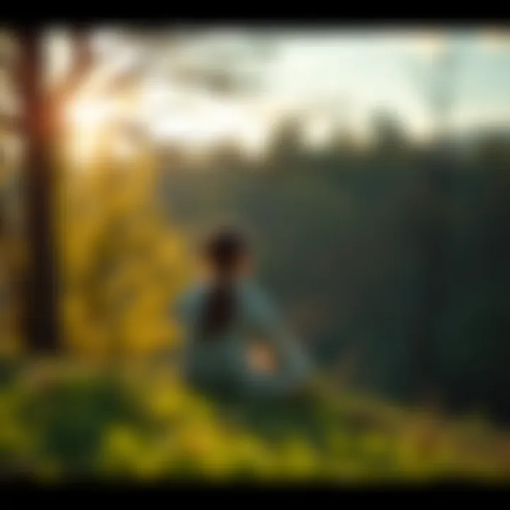 Healing Journey A person sitting peacefully in nature, reflecting on their past with a sense of calm and clarity, surrounded by trees and sunlight.