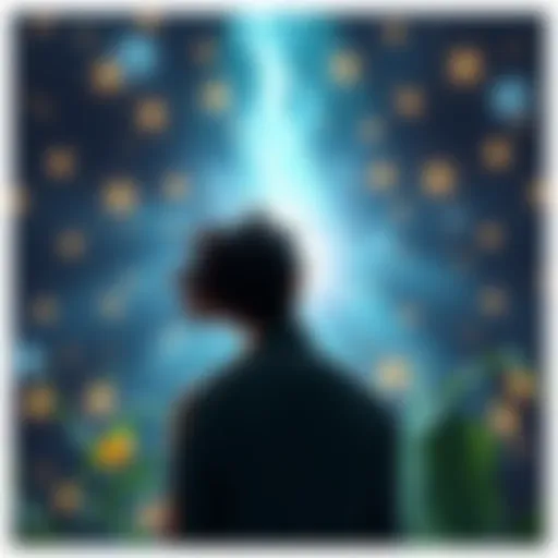 A person reflecting on their health surrounded by calming energy symbols like plants and light.