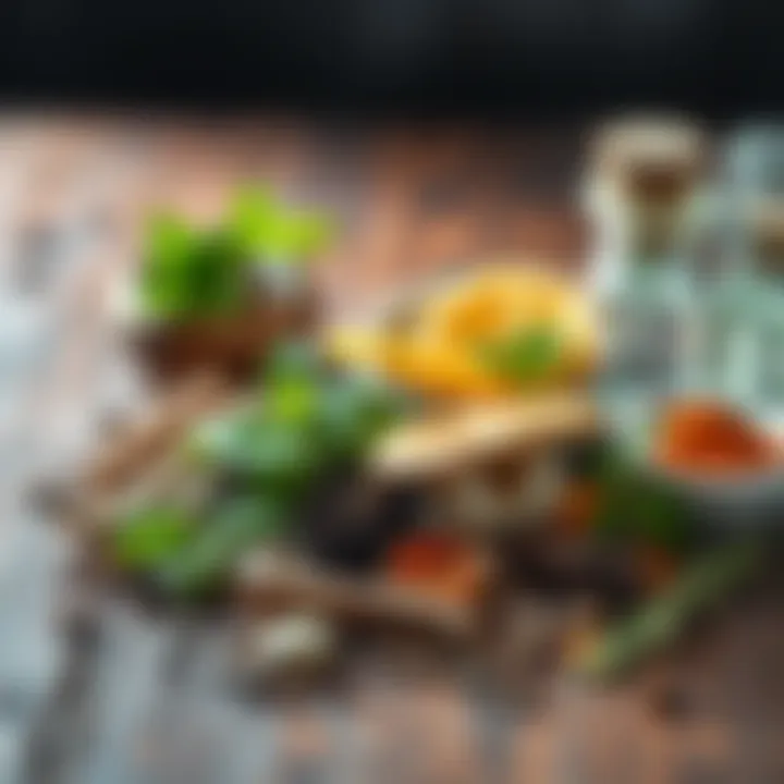 A collection of natural herbs, plants, and mushrooms on a wooden surface, symbolizing wellness and remedies from nature.