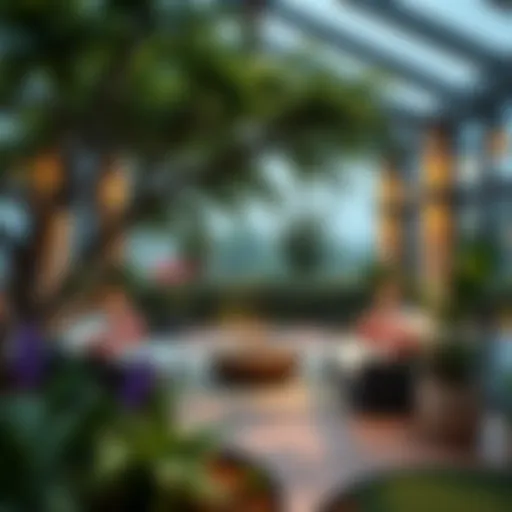 A serene healing center with lush gardens and comfortable seating areas, promoting relaxation and wellness.