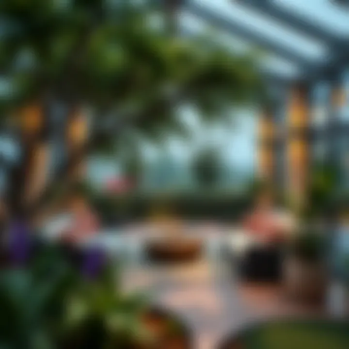 A serene healing center with lush gardens and comfortable seating areas, promoting relaxation and wellness.