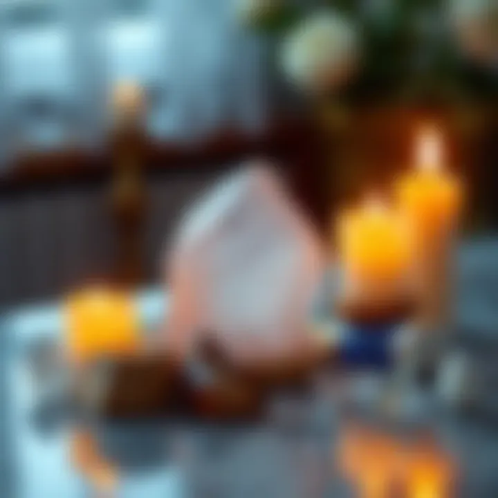 Healing Crystal and Candles A table with healing crystals and candles used for spiritual cleansing and protection.
