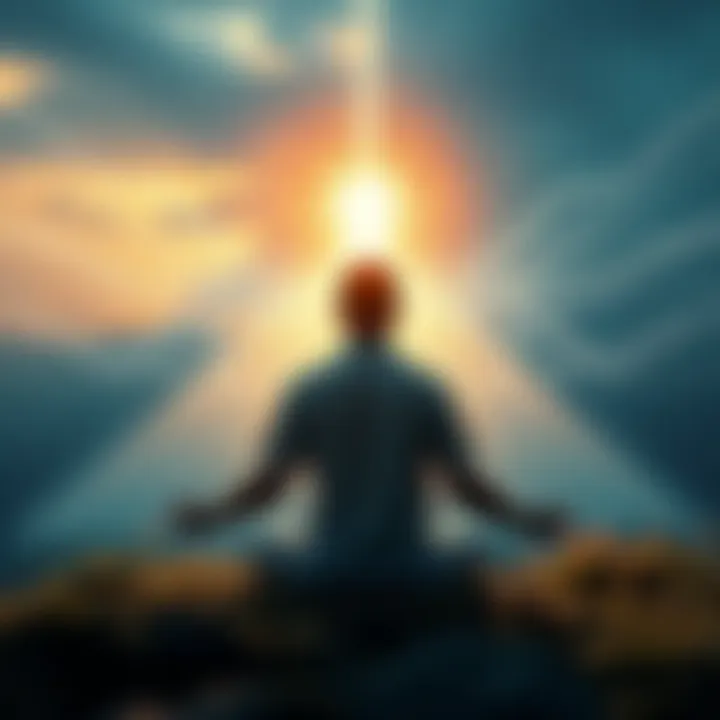 Healing Father Wound A person meditating in nature, feeling a sense of connection with a father figure, surrounded by light and energy waves.