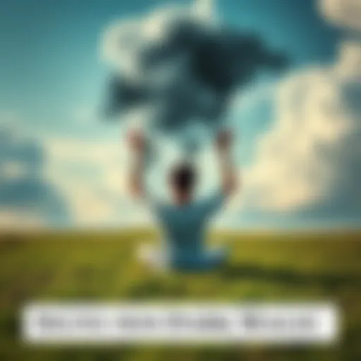 A person sitting cross-legged on a grassy field with hands raised toward the sky, surrounded by dark clouds slowly dissipating, symbolizing recovery from harmful practices.