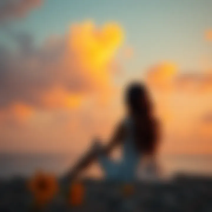 A woman sitting in a serene environment, reflecting on her journey of overcoming heartbreak, with inspirational words in the background