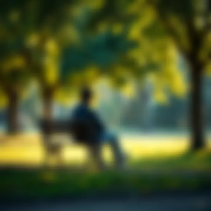 A person sitting on a bench in a park, looking thoughtful and reflective, surrounded by trees and soft sunlight, symbolizing healing after heartbreak.