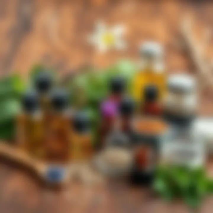 A collection of healing herbs, essential oils, and natural remedies on a wooden table, symbolizing alternative healing methods.