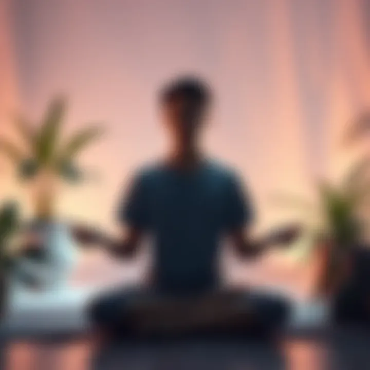 Healing Practices A person meditating in a calm environment, surrounded by soothing elements like plants and soft lighting, symbolizing healing and self-discovery.