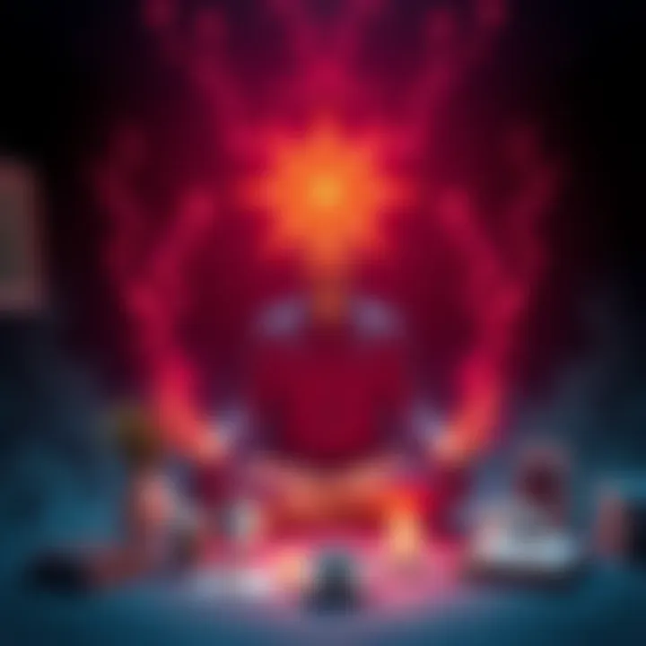 A person meditating with glowing light around them, symbolizing personal growth and healing after trauma, with career related items nearby.