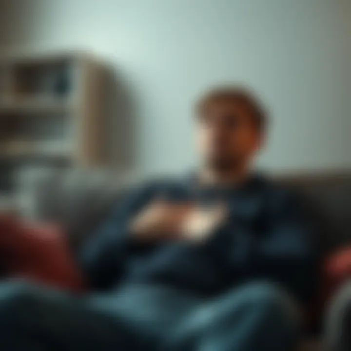 Person struggling with health issues A worried individual sitting on a couch, looking concerned while holding their chest, symbolizing health struggles.