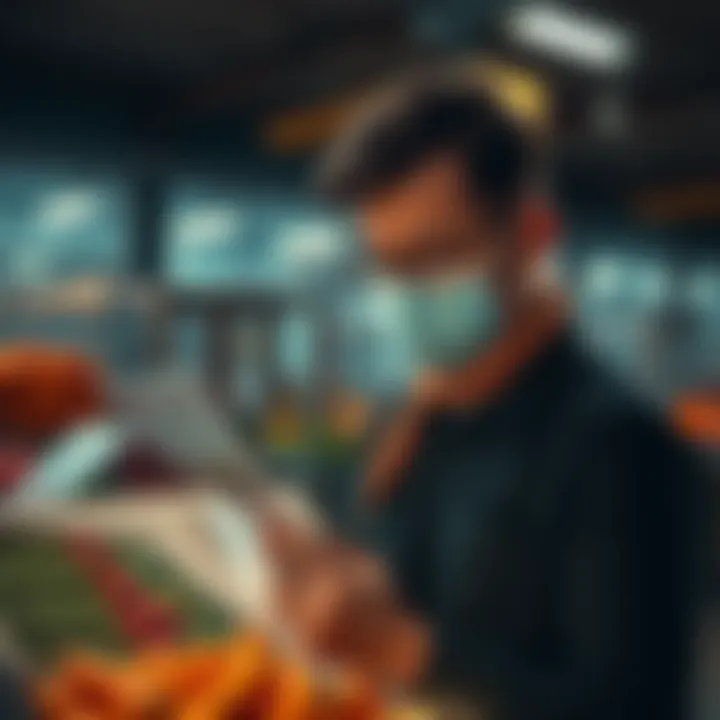 Health Initiatives Distrust A concerned person looking at health pamphlets and agricultural practices, symbolizing skepticism about health initiatives and food production