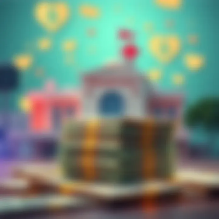 Illustration showing a stack of money with a hospital and health insurance symbols in the background, representing profit-driven health insurance companies.