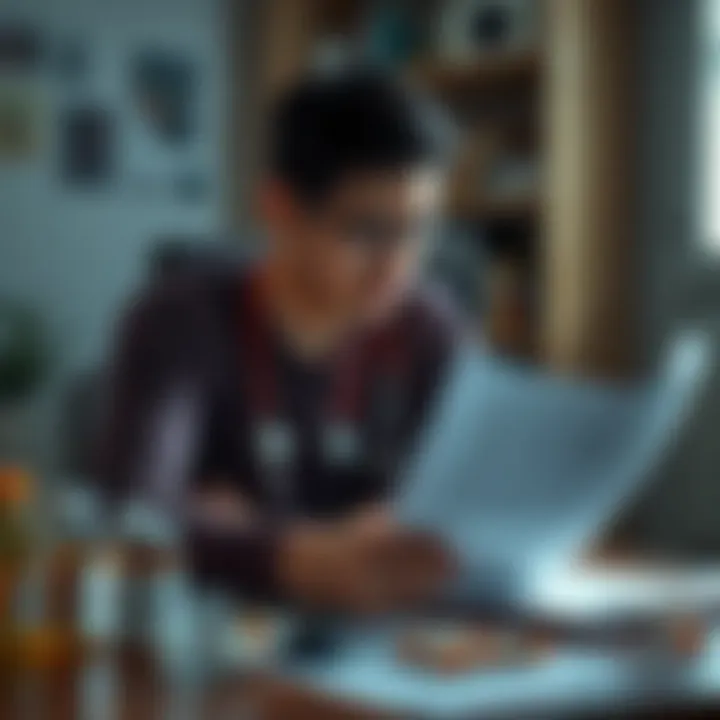 A person sits at a desk with health records and medication bottles, looking concerned as they read through their medical history and notes from doctors.