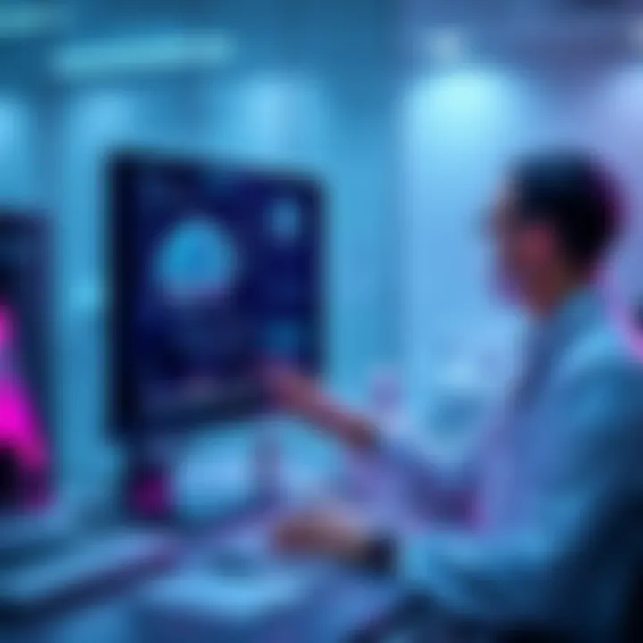 A doctor analyzing patient data with AI technology on a computer screen in a modern clinic.