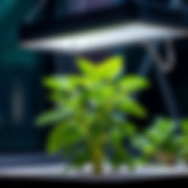 A vibrant basil plant showing healthy green leaves under an adjustable grow light, demonstrating proper light distance for growth.
