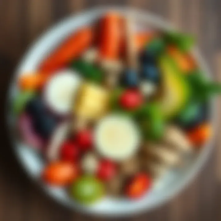 Healthy Meal Plate A colorful plate filled with various healthy foods like fruits, vegetables, and grains, representing a way to enjoy large meals while focusing on weight loss.