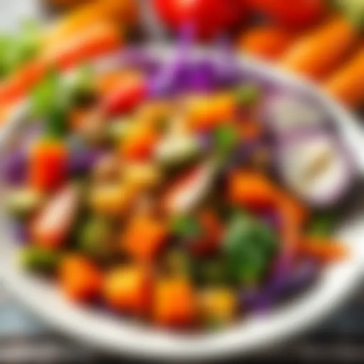 A colorful plate of protein-rich foods and fresh vegetables, symbolizing dietary changes for managing spleen yang deficiency and constipation.