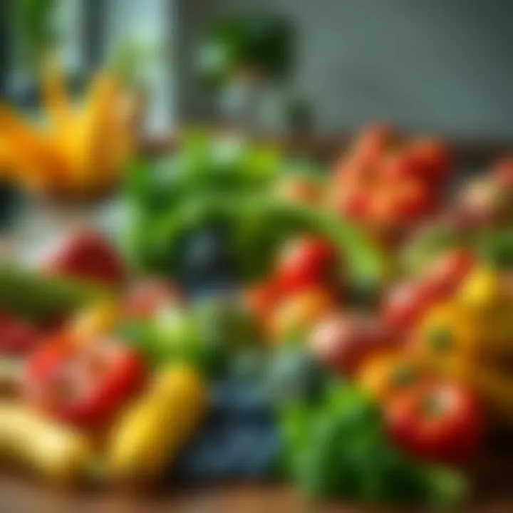 A variety of colorful fruits and vegetables arranged on a table, representing a healthy diet and positive energy